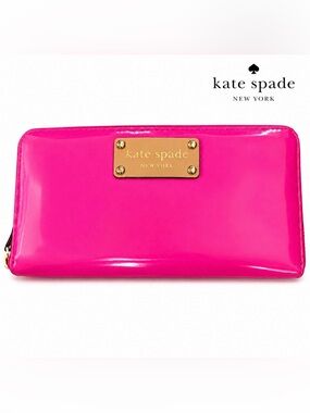Kate Spade New York Pink Patent Leather Zip Around Wallet Tan Leather Logo Gold